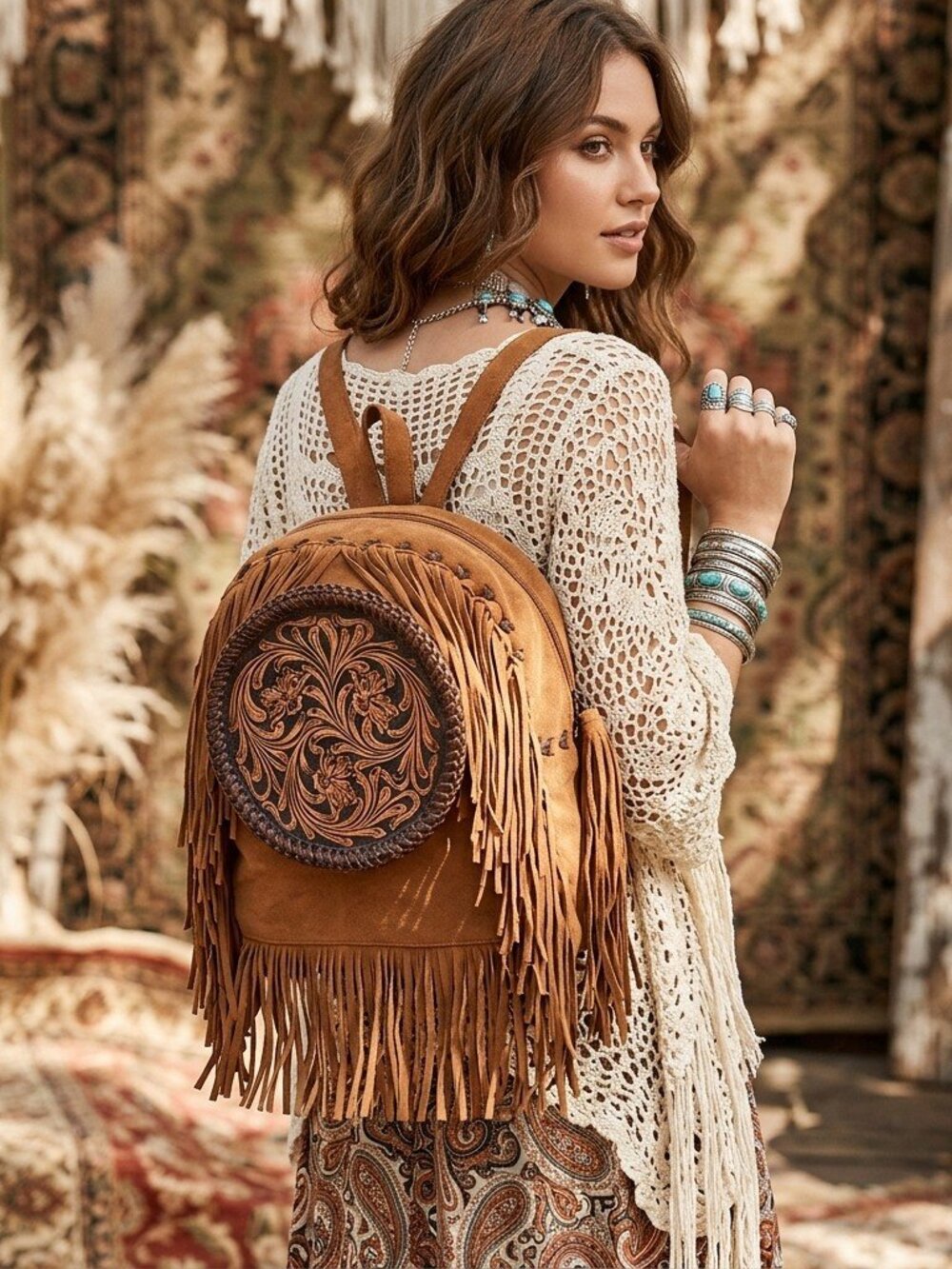 American Darling Rustic Fringe Floral Backpack